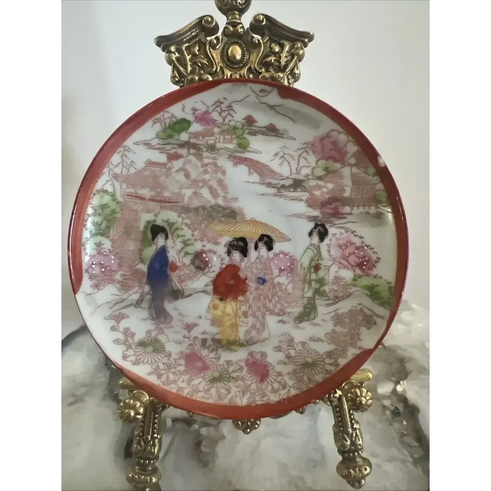 Set Of 3 Vtg Japanese Kutani Porcelain Geisha Saucer Plates Hand Painted 5.5”